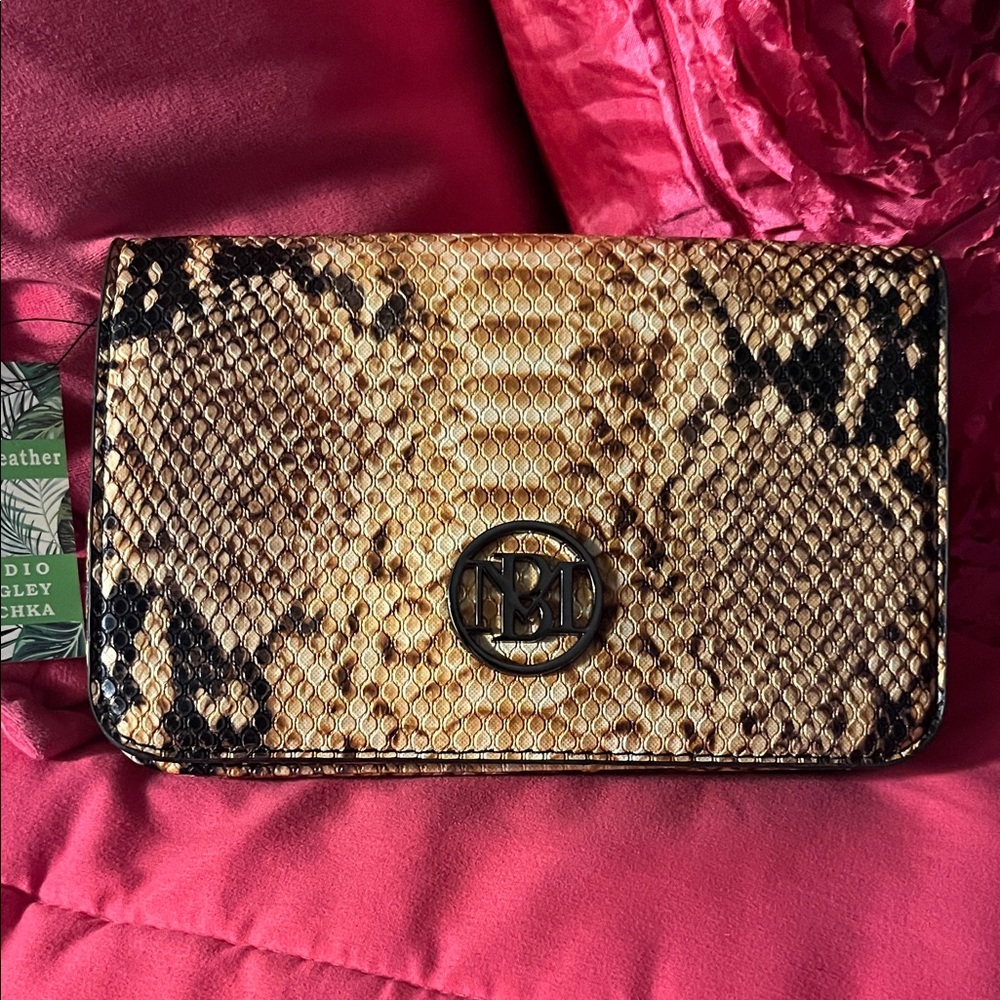 Badgley Mischka Snake-Print Crossbody in Tan and Black